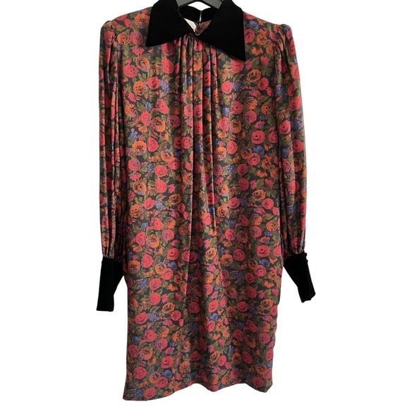 VTG Oscar de La Renta Red Floral Velvet Collared Long Sleeve Dress Size 14 90s